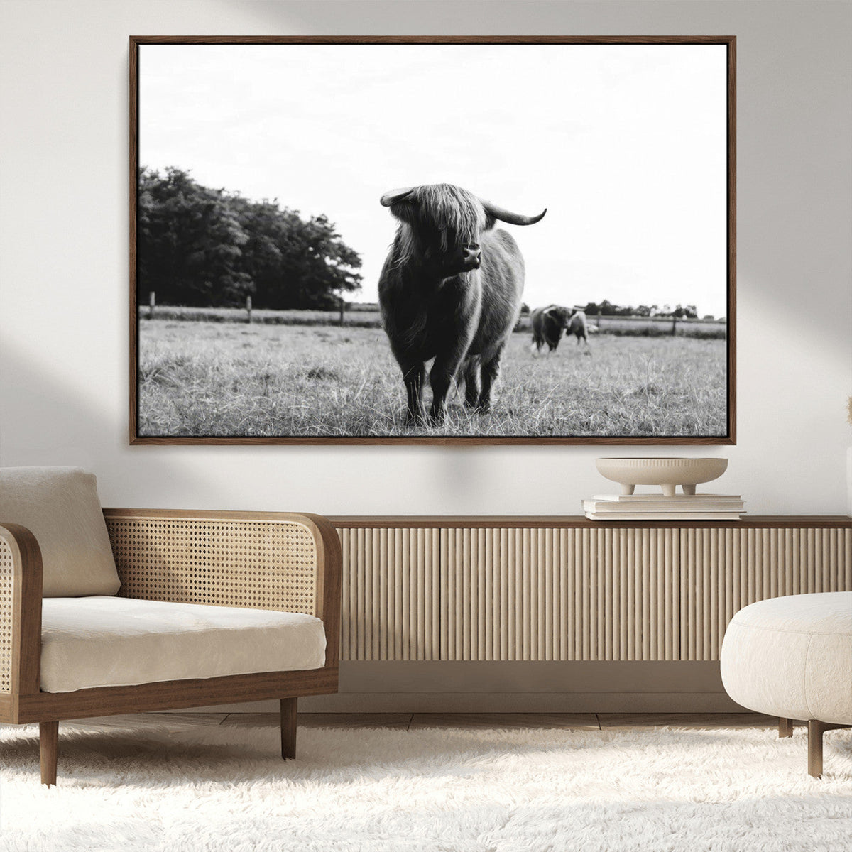 Black and White Highland Cow Wall Art Canvas Print | Rustic