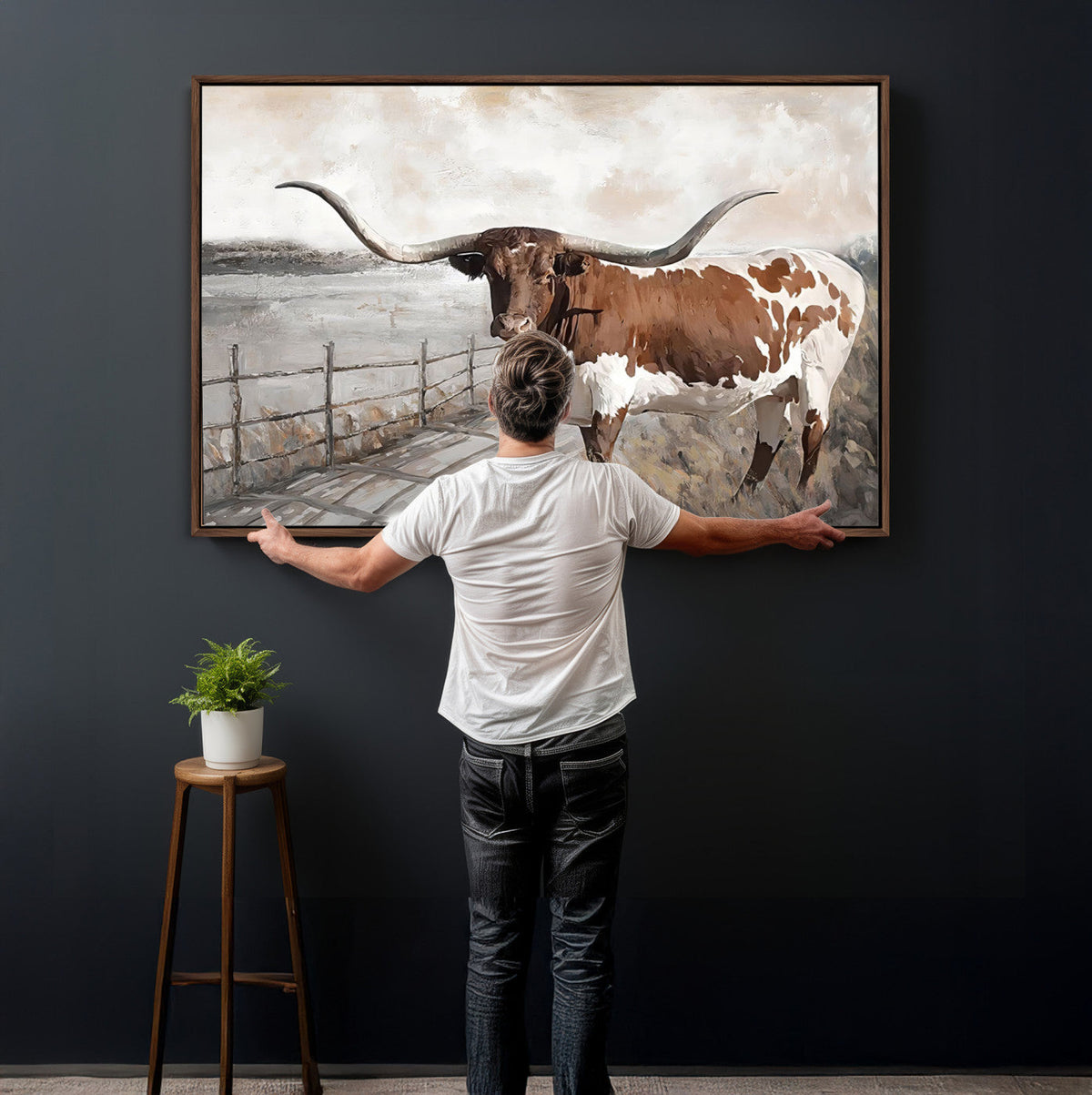 Vintage Texas Cow Wall Art Canvas Print, Rustic Longhorn