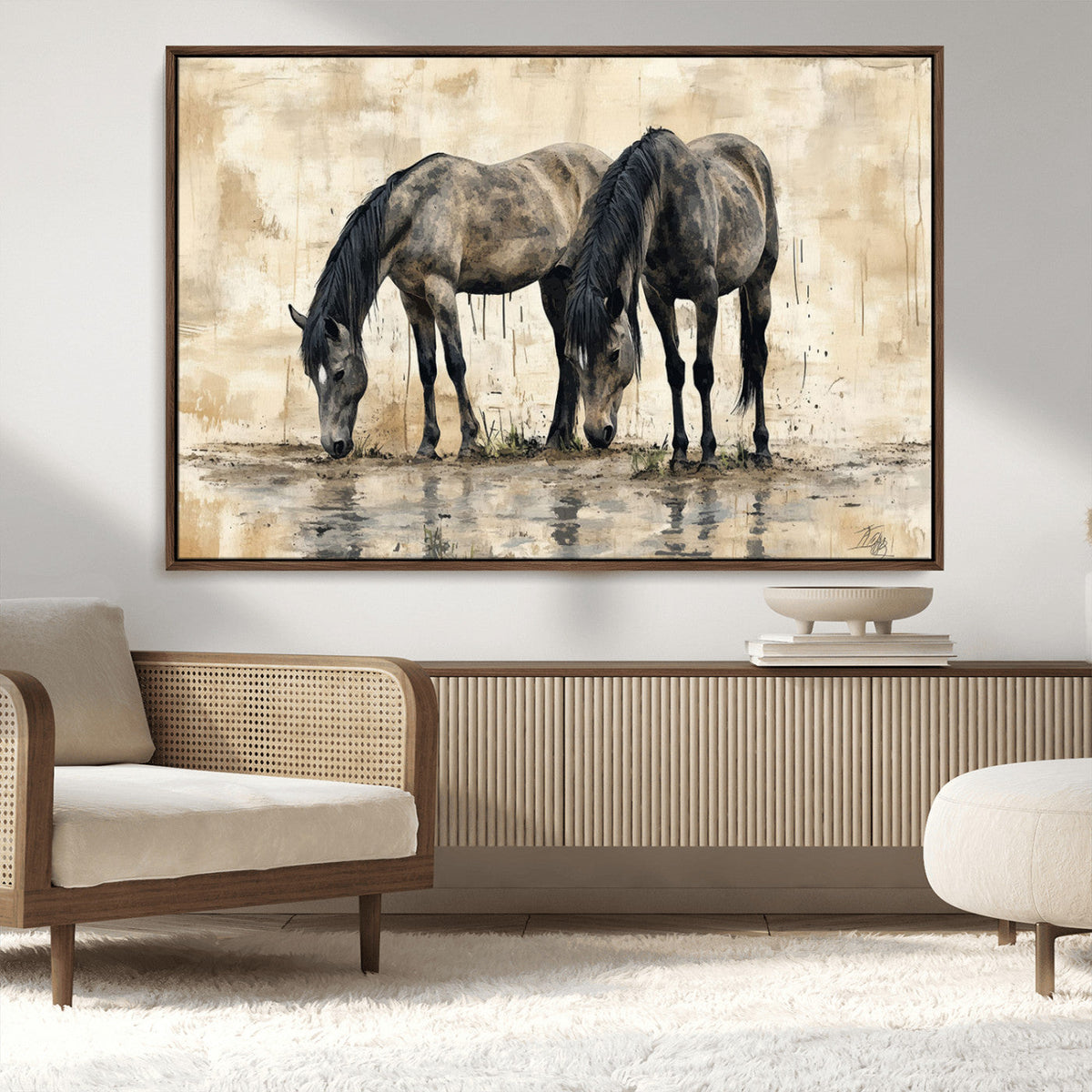 Chinese Style Abstract Black Horses Wall Art Canvas Print -