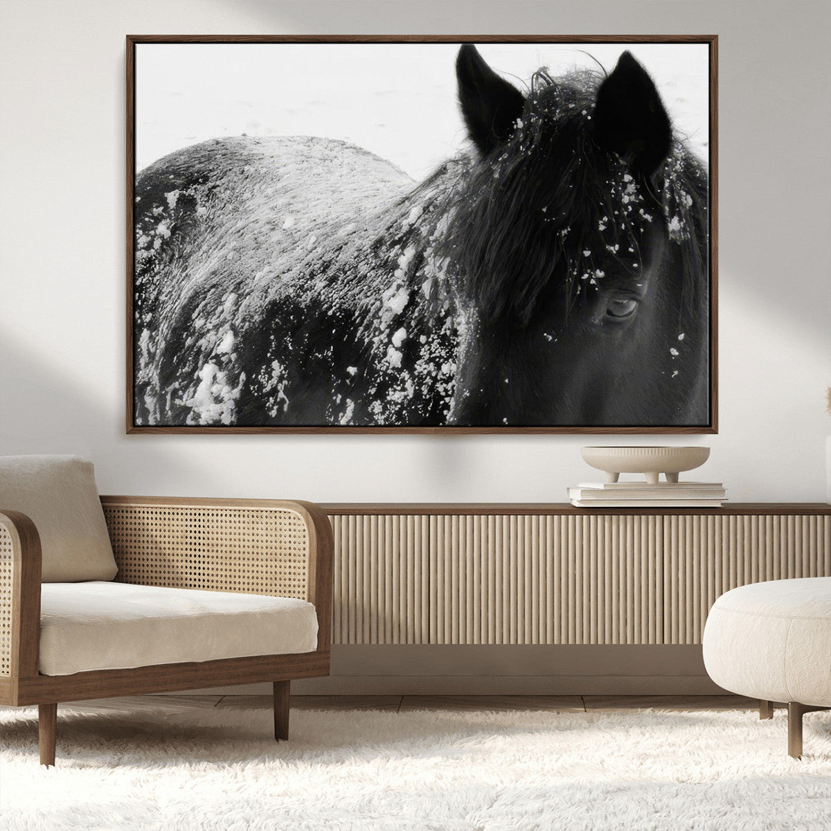Black Horse in Snow Canvas Print | Winter Horse Wall Art |