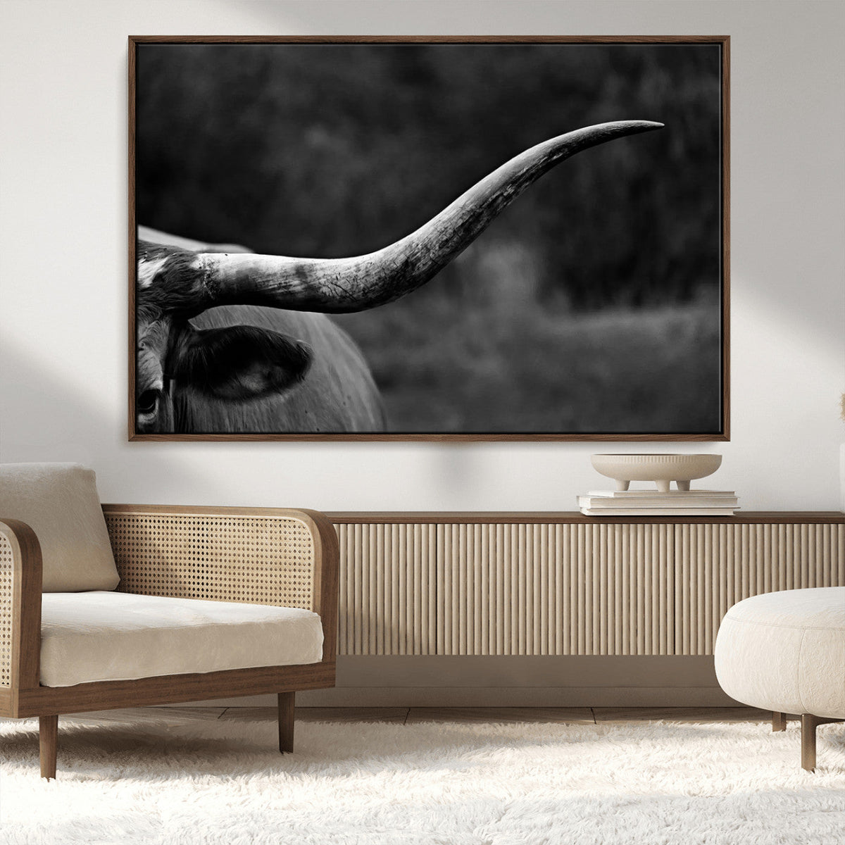 Cow Longhorn Wall Art | Black and White Print | Ready to
