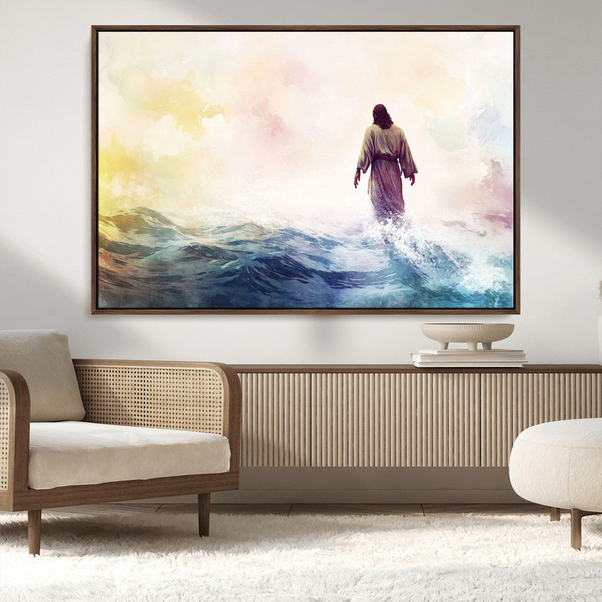 Watercolor Jesus Walking on Water Canvas Print, Christian