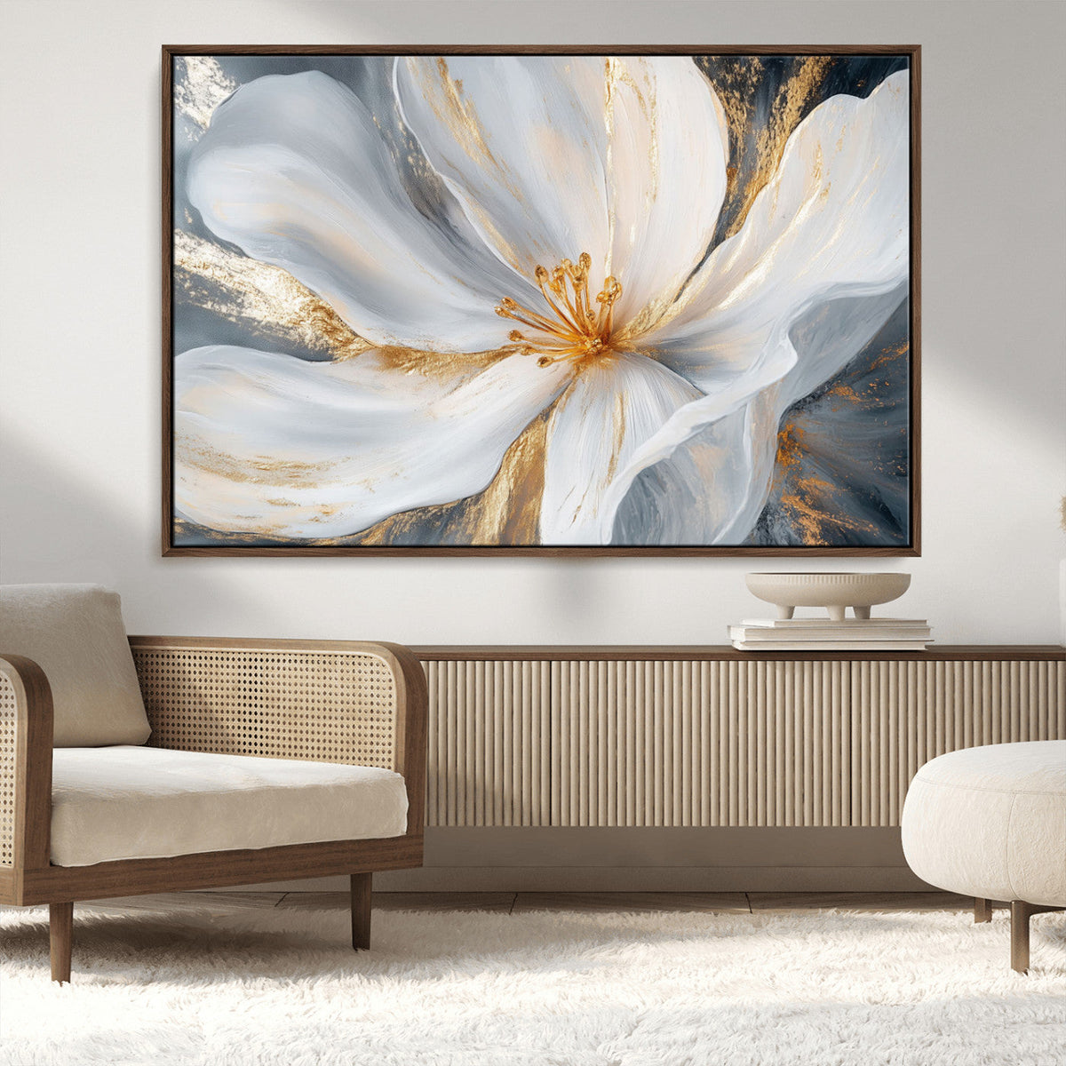 White and Gold Floral Canvas Wall Art - Framed and Ready to