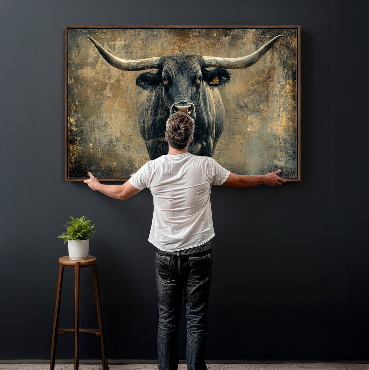 Texas Longhorn Bull Wall Art – Framed Rustic Cow Canvas