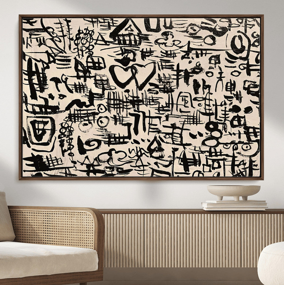 Abstract Love and Chaos Canvas Print, Black Symbols on Beige