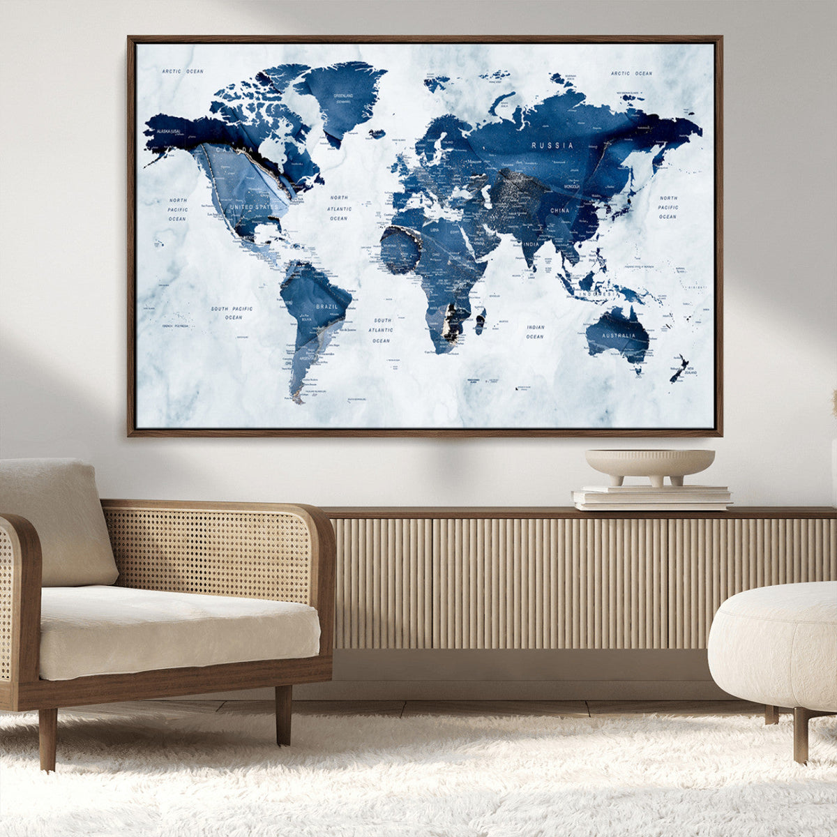 Modern Blue World Map Canvas Print – Framed Wall Art,