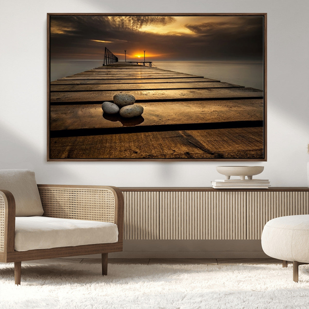 Stones on Wooden Pier at Sunset Canvas Print, Serene Coastal