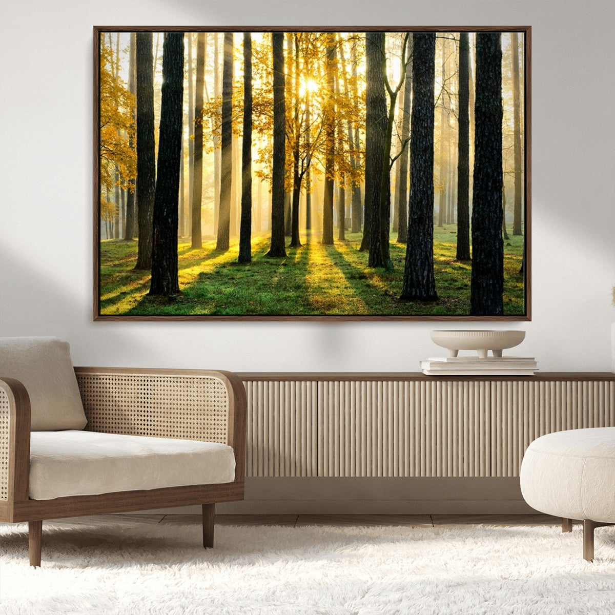 Sunlit Forest Wall Art Canvas Print – Large Framed Woodland