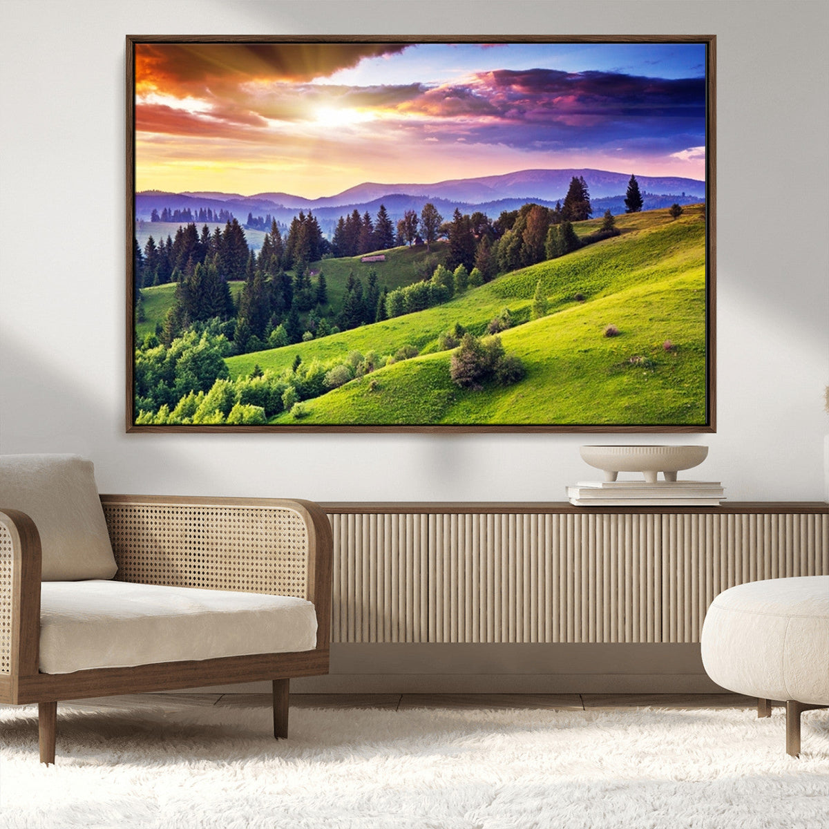 Green Hills and Sunset Wall Art Print - Scenic Landscape