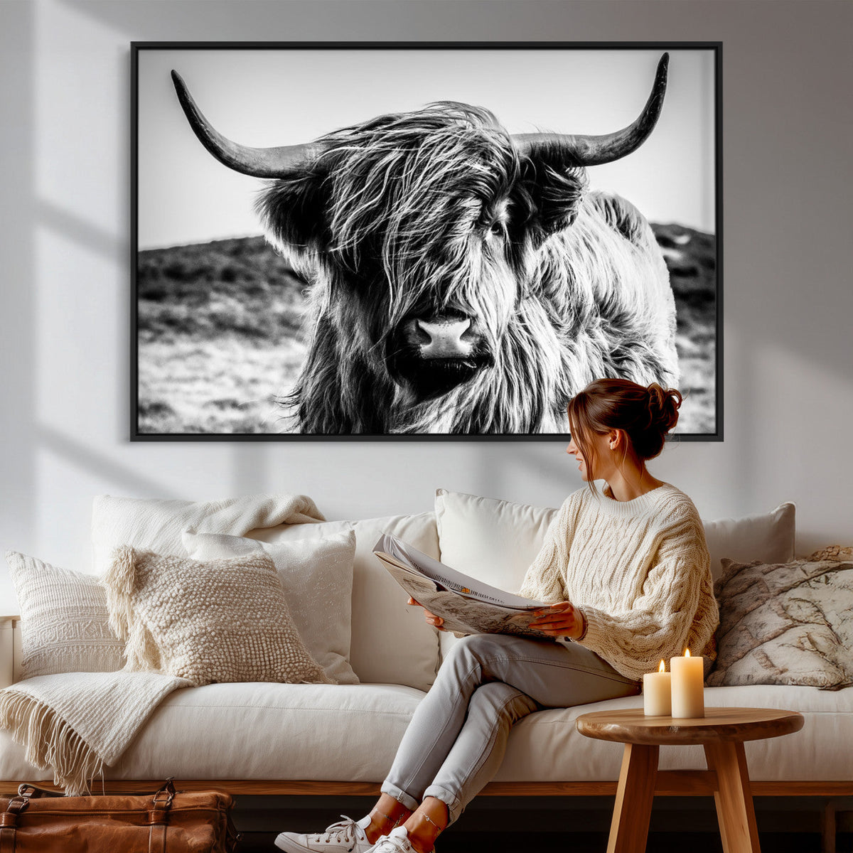 Black and White Scottish Cow Canvas Wall Art Highland Cattle