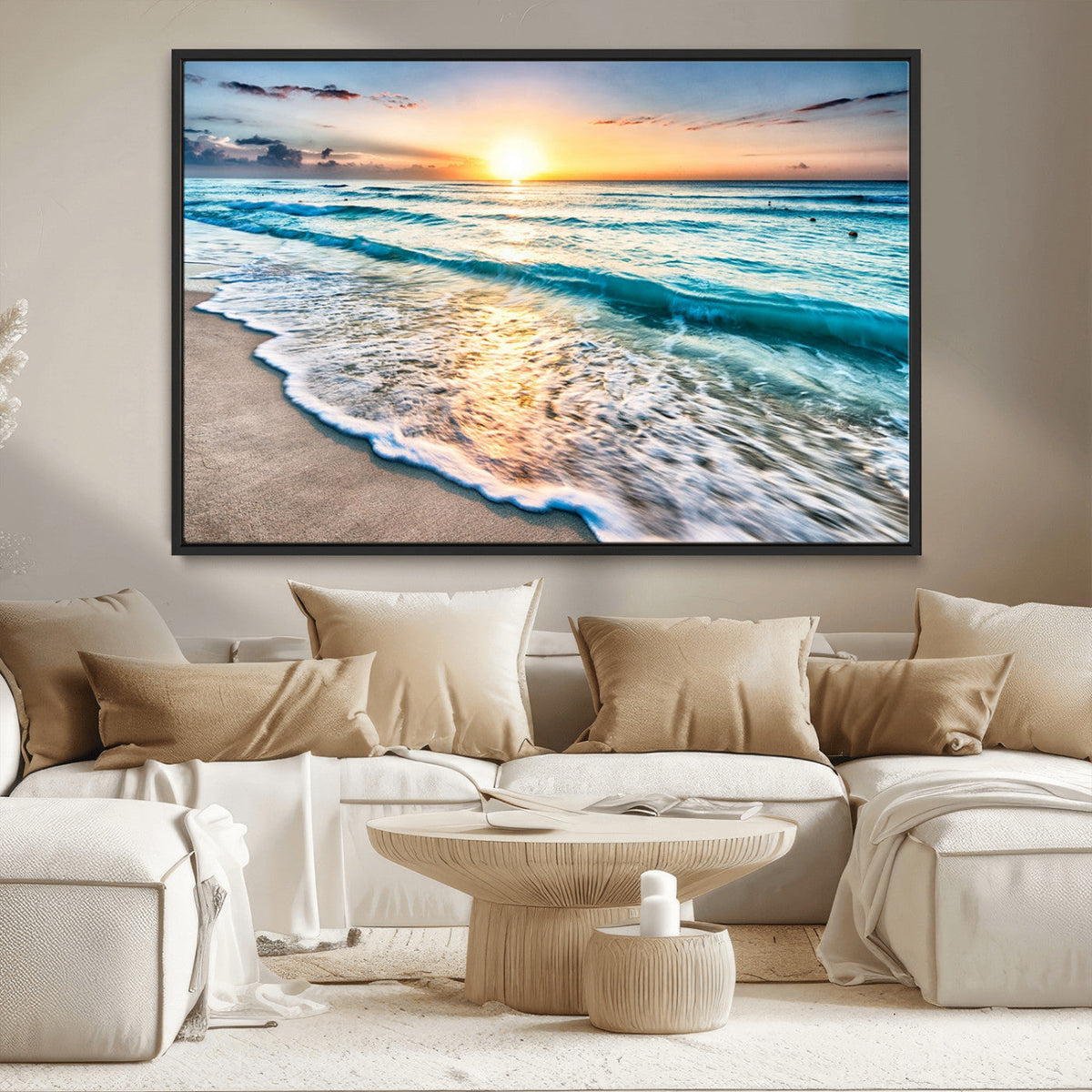 Sunset Beach Waves Canvas Wall Art – 5-Panel Ocean Sunset