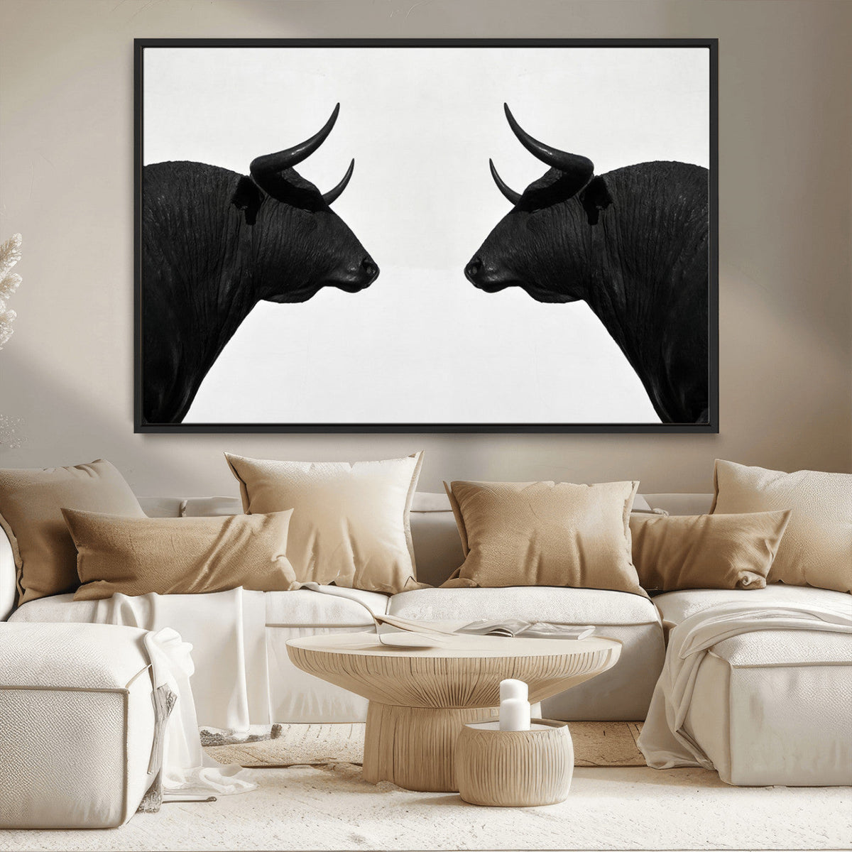 Spanish Bull Art - Framed Black and White Bull Canvas Print