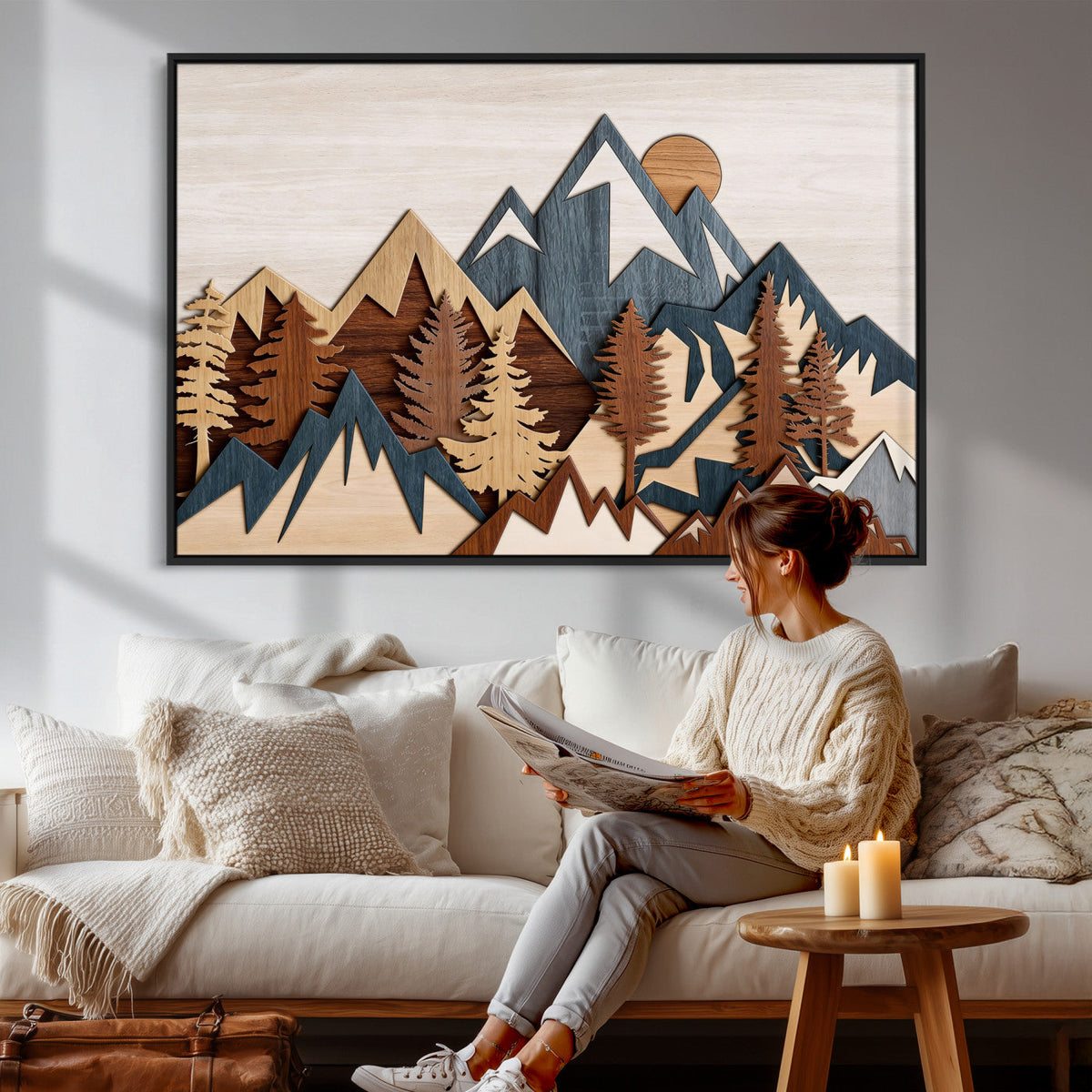 Rustic Abstract Wood Panel Effect Canvas Mountain Range Top
