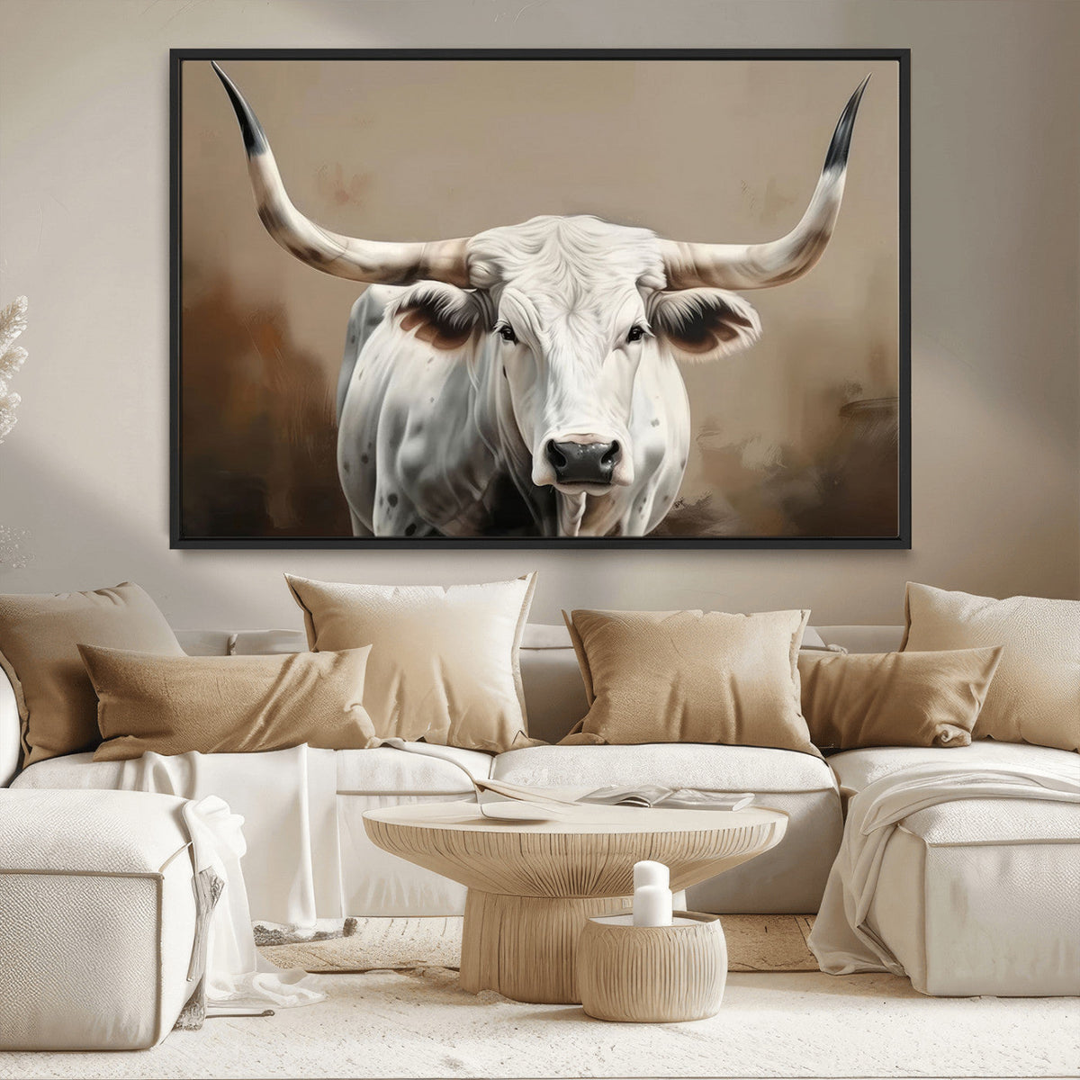 White Longhorn Bull Wall Art Canvas Print – Framed and Ready