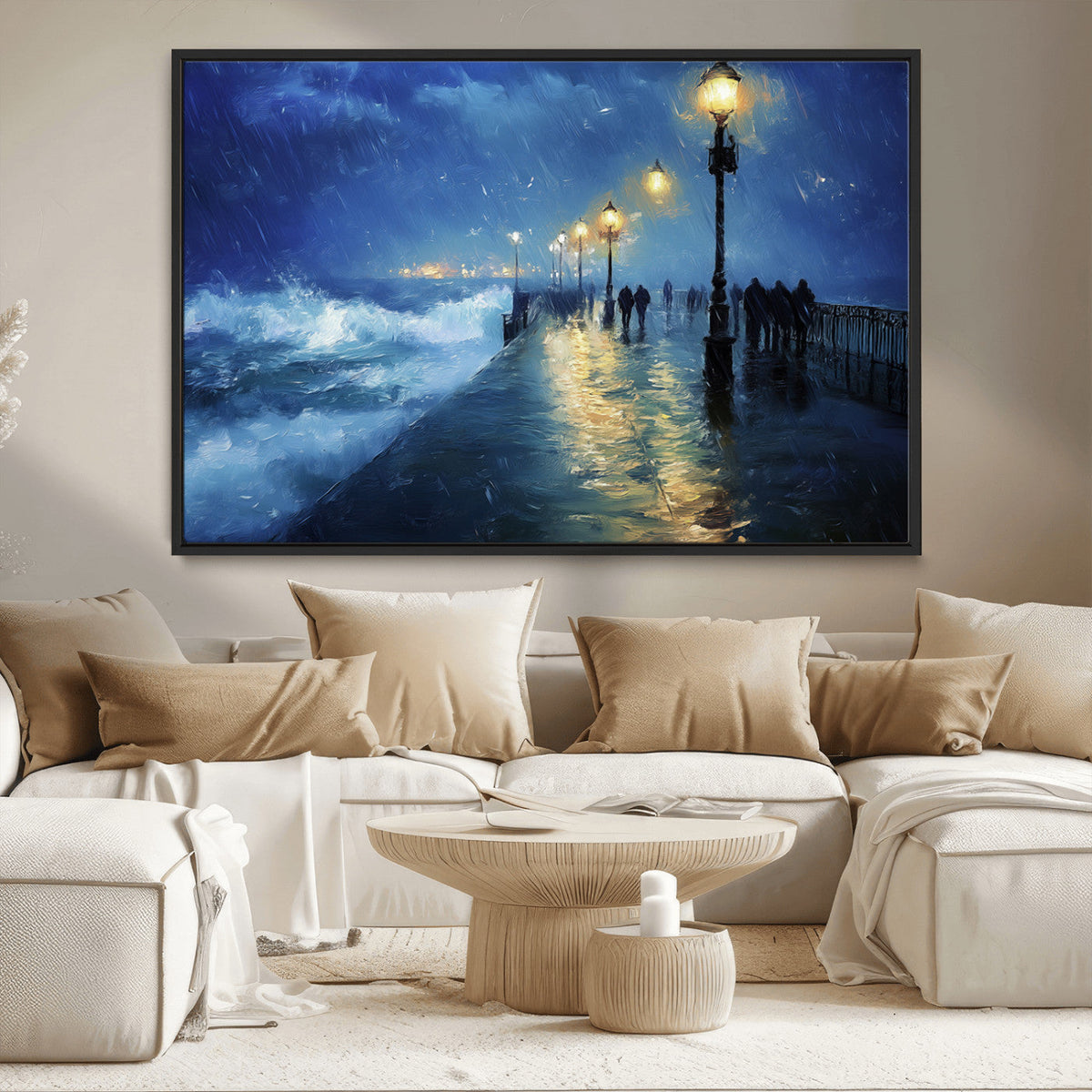 Storm Ocean Pier Canvas Wall Art Print - Large Moody Night