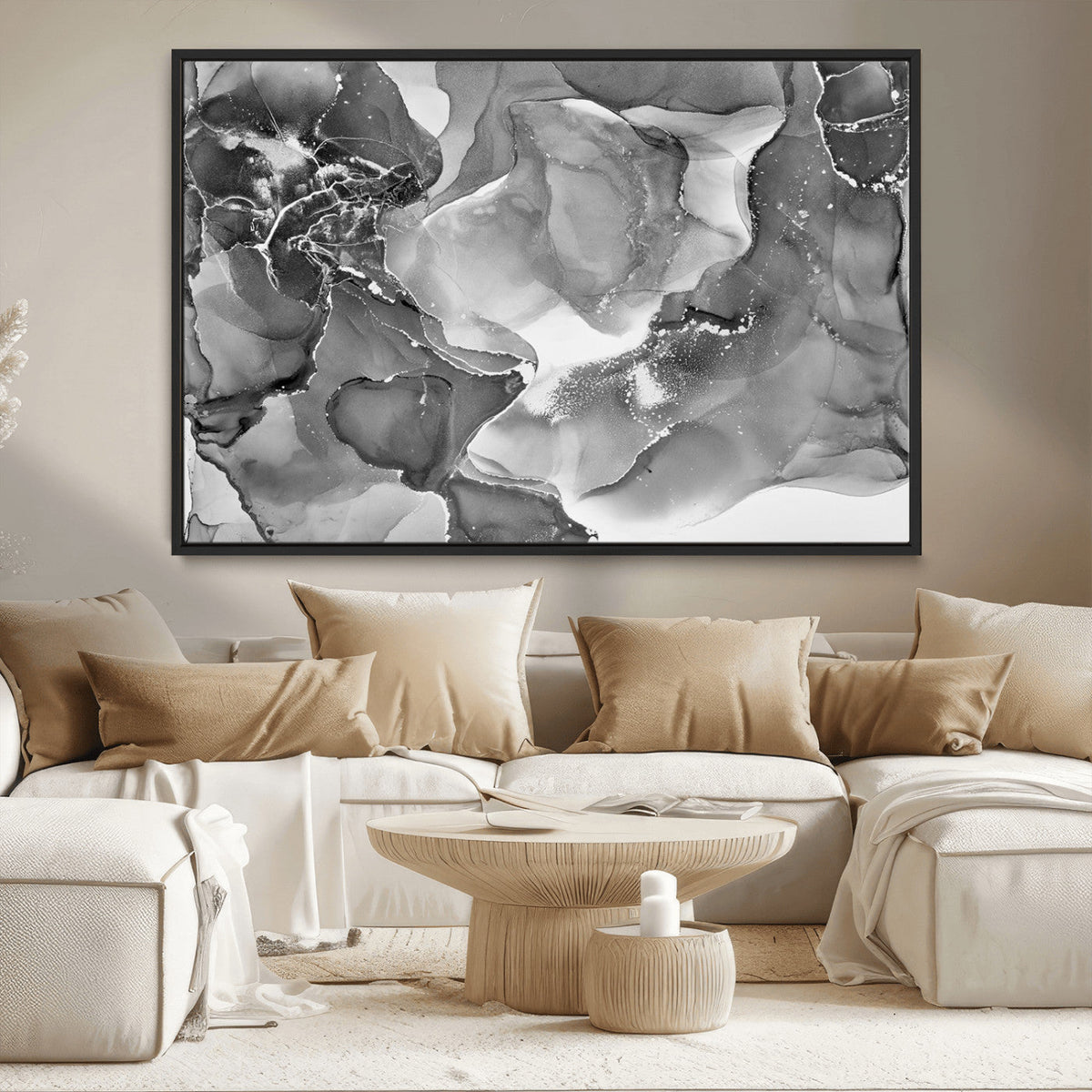 Black White Abstract Canvas Wall Art - Fluid Ink Artwork -