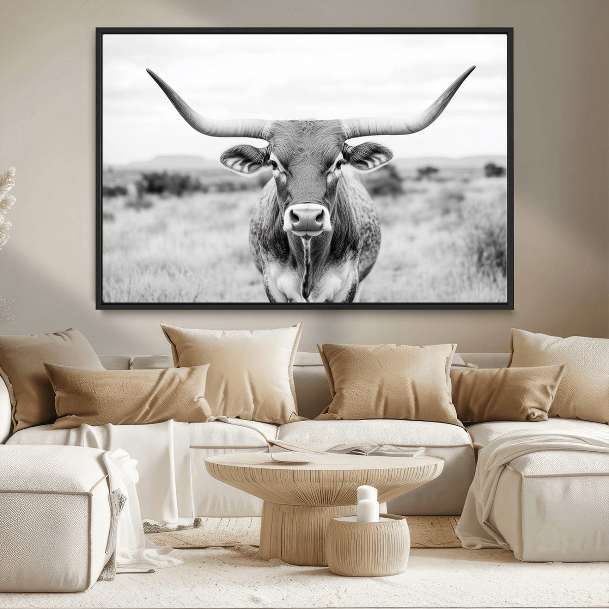 Highland Cow Wall Art Canvas Print – Black and White Western
