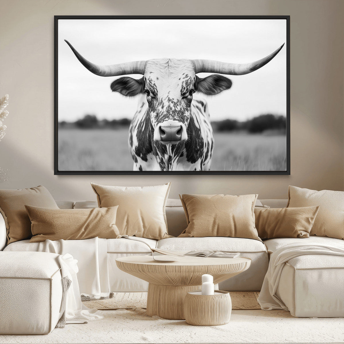 Highland Cow Wall Art Canvas Print – Black and White Western