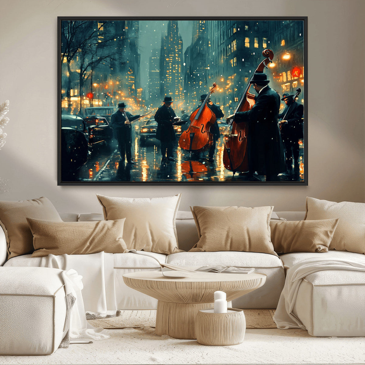 Urban Night Jazz Wall Art Canvas Print – Moody Rain-Soaked