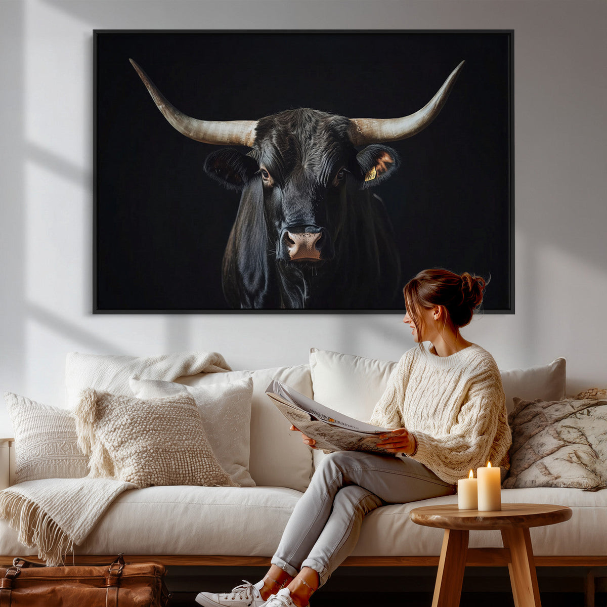 Majestic Longhorn Bull Wall Art Canvas Print – Dark