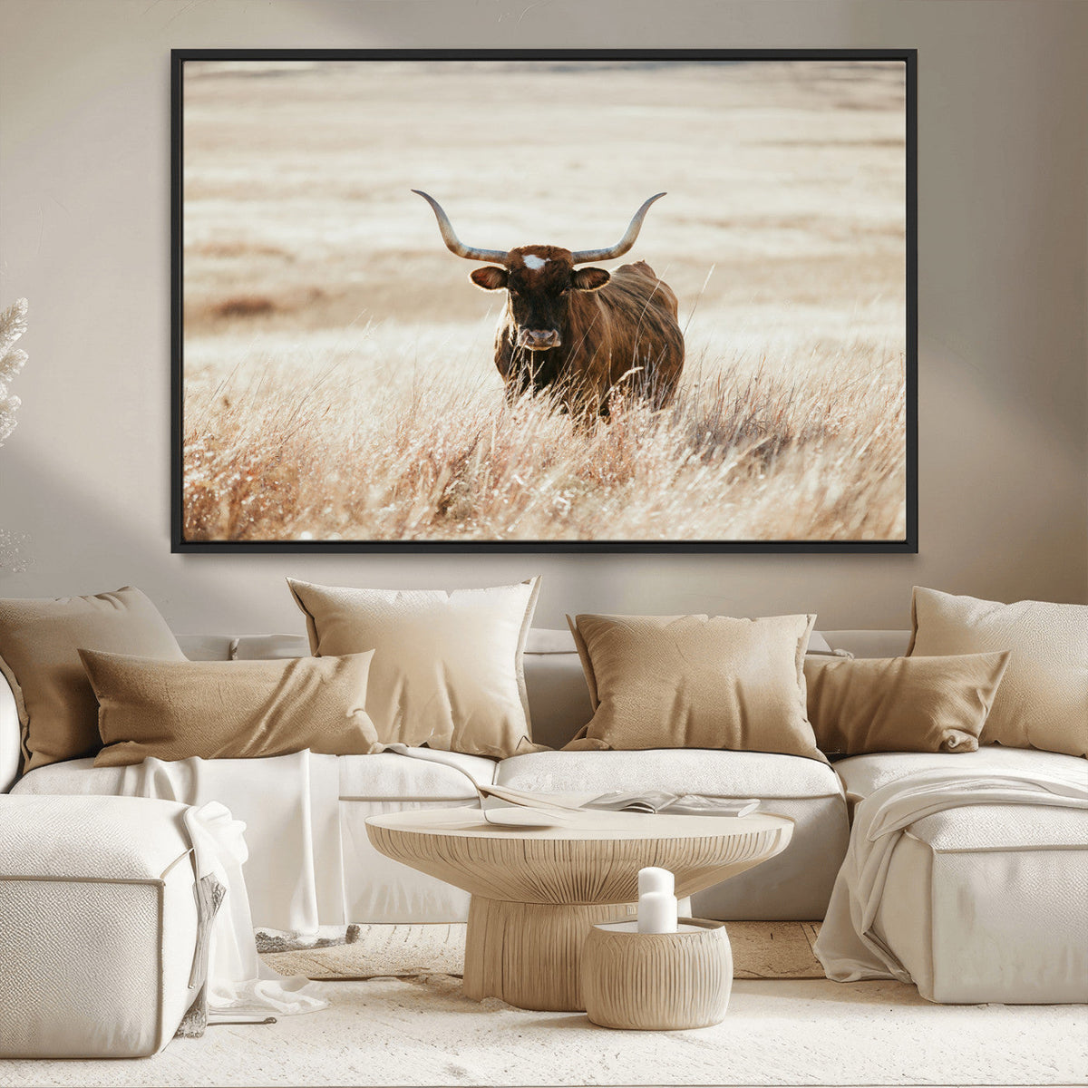 Texas Longhorn Wall Art Canvas Print – Framed Brown Horned