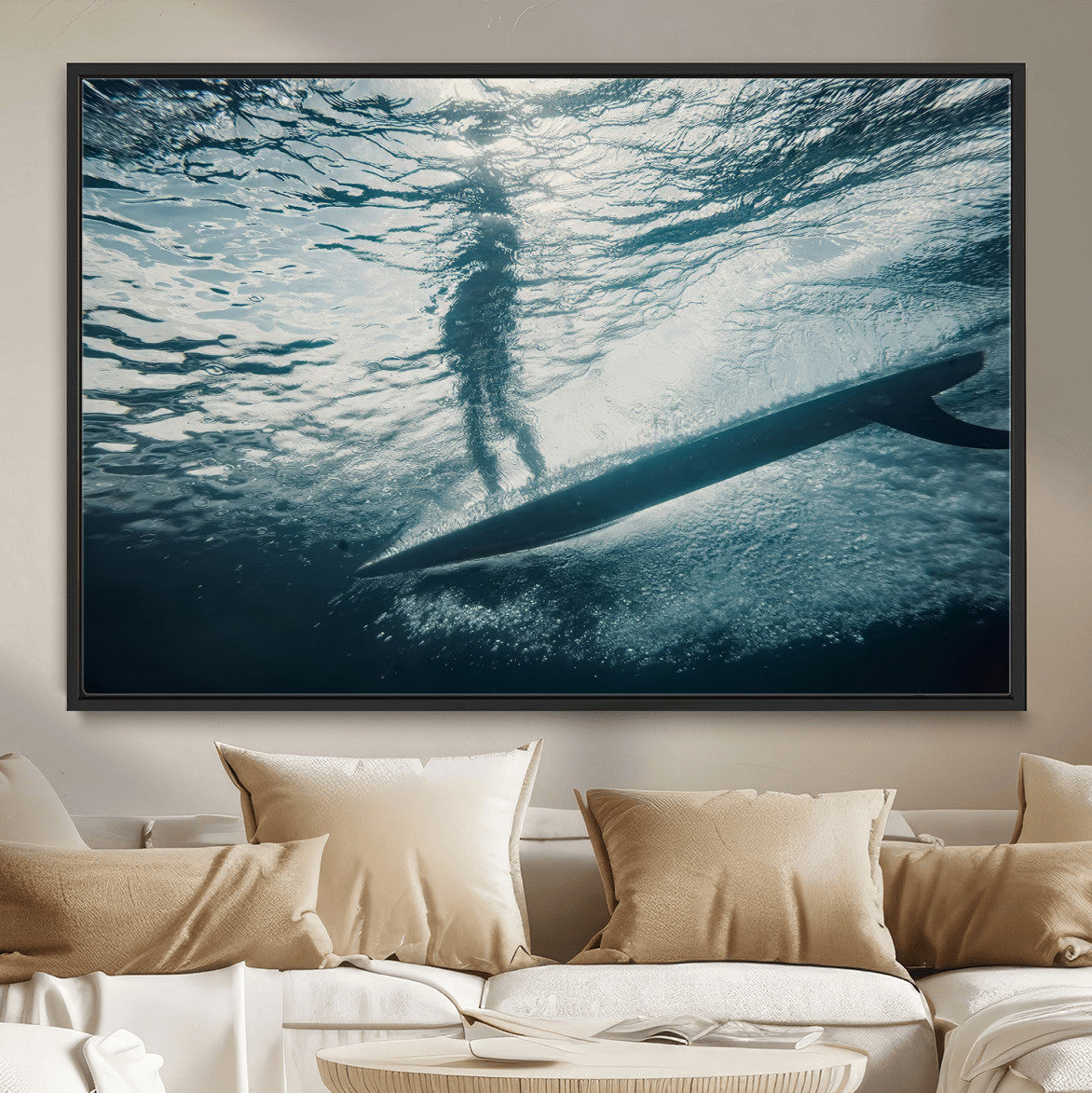 Underwater Surf Wall Art – Framed Ocean Wave Canvas Artwork,