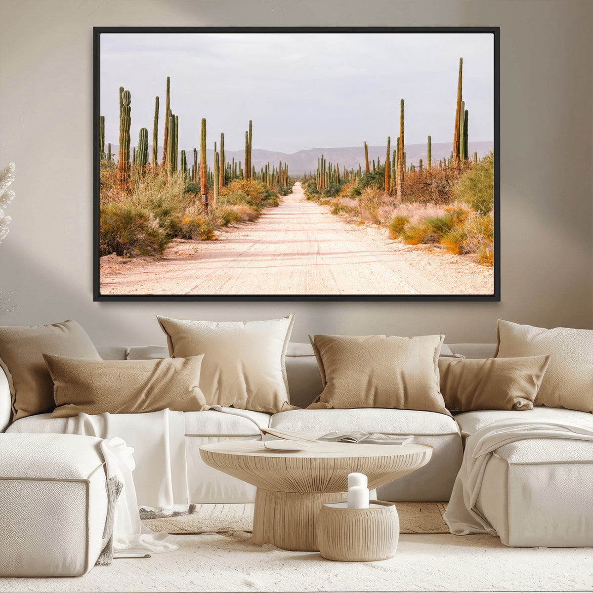 Desert Cactus Lined Road Wall Art Canvas Print – Framed