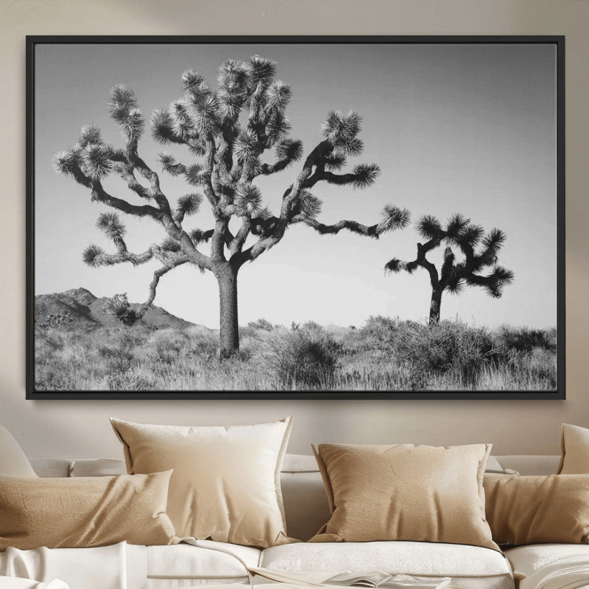 Joshua Tree Wall Art Canvas Print – Framed Monochrome Desert
