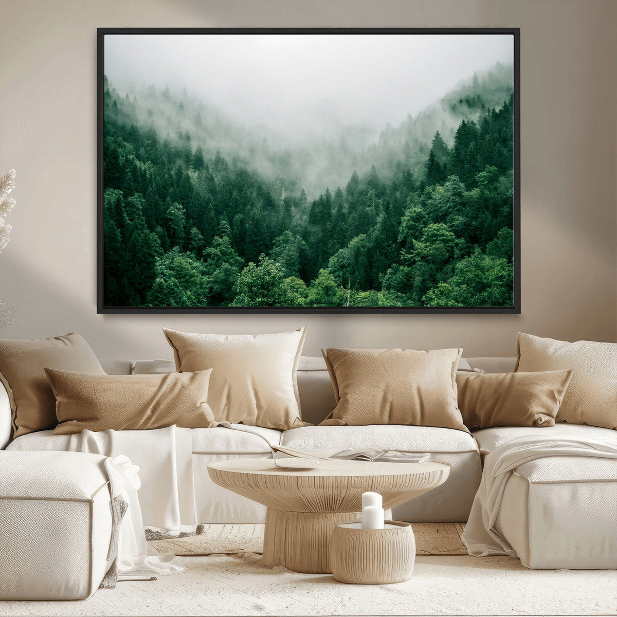 Misty Green Forest Canvas Print – Framed Serene Foggy Pine