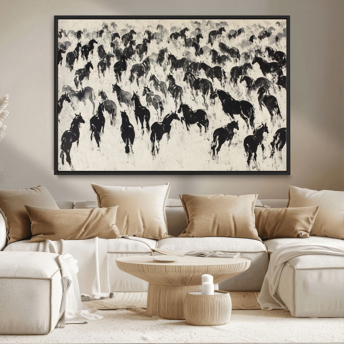 Wild Horse Stampede Wall Art Canvas Print – Monochrome