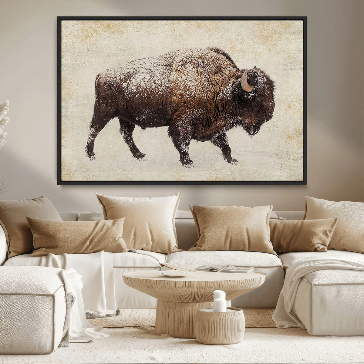 Snow-dusted bison silhouette textured vintage style rugged