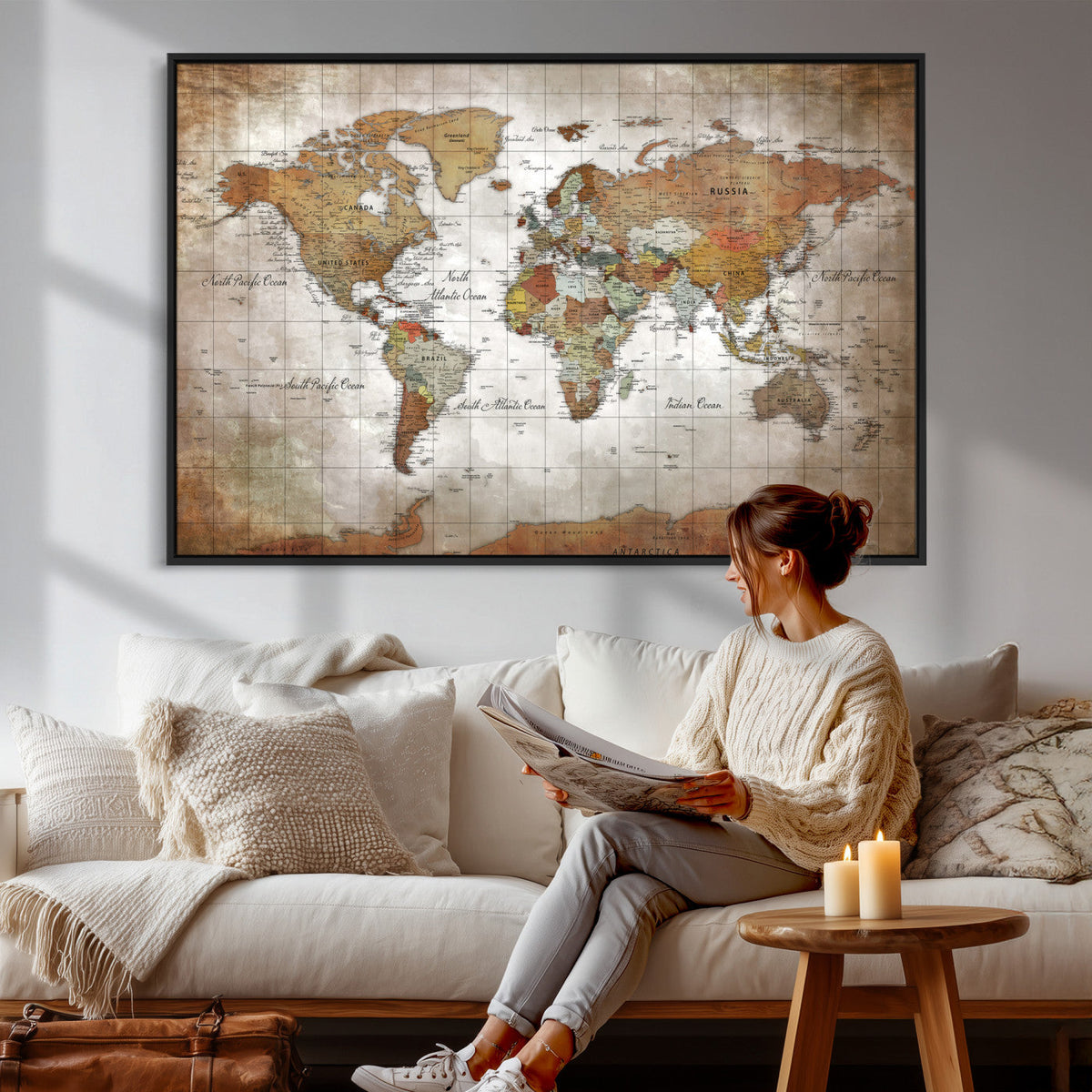 Vibrant Watercolor World Map Canvas Wall Art – Framed Travel