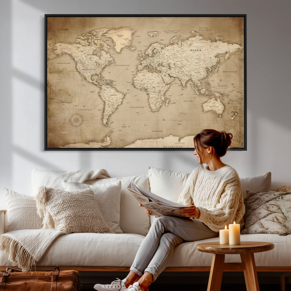 Colorful Watercolor World Map Canvas Wall Art – Framed