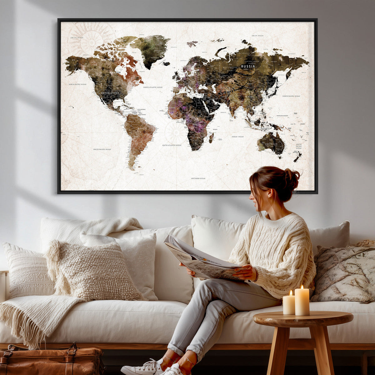 Watercolor World Map Print - Large Wall Art Canvas Print for