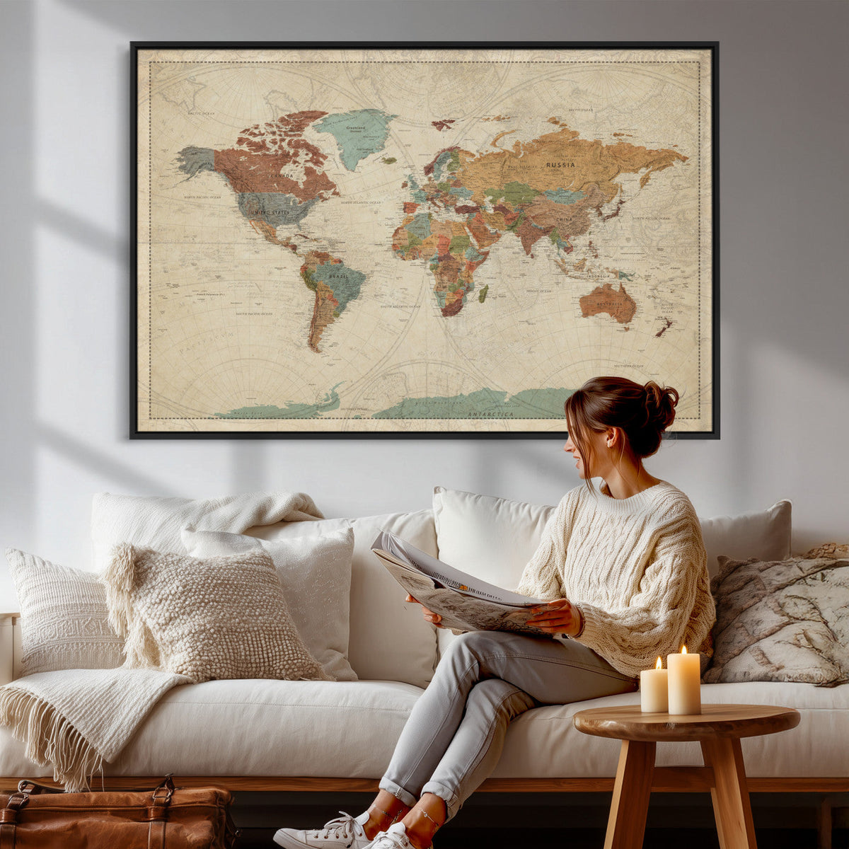 Vintage World Map Canvas Wall Art Print – Framed Modern