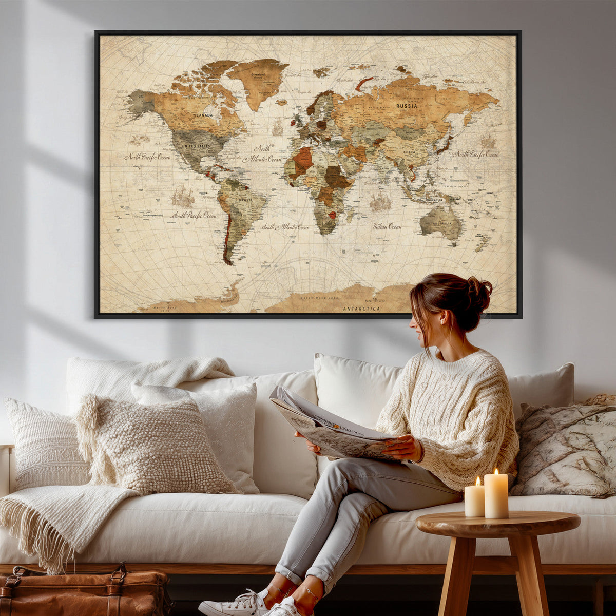 Rustic Vintage World Map Canvas Print – Framed Modern