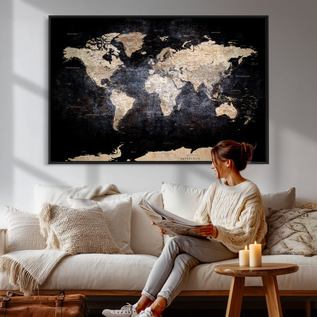 Grunge World Map Wall Art | 3-Panel Large Beige and Brown