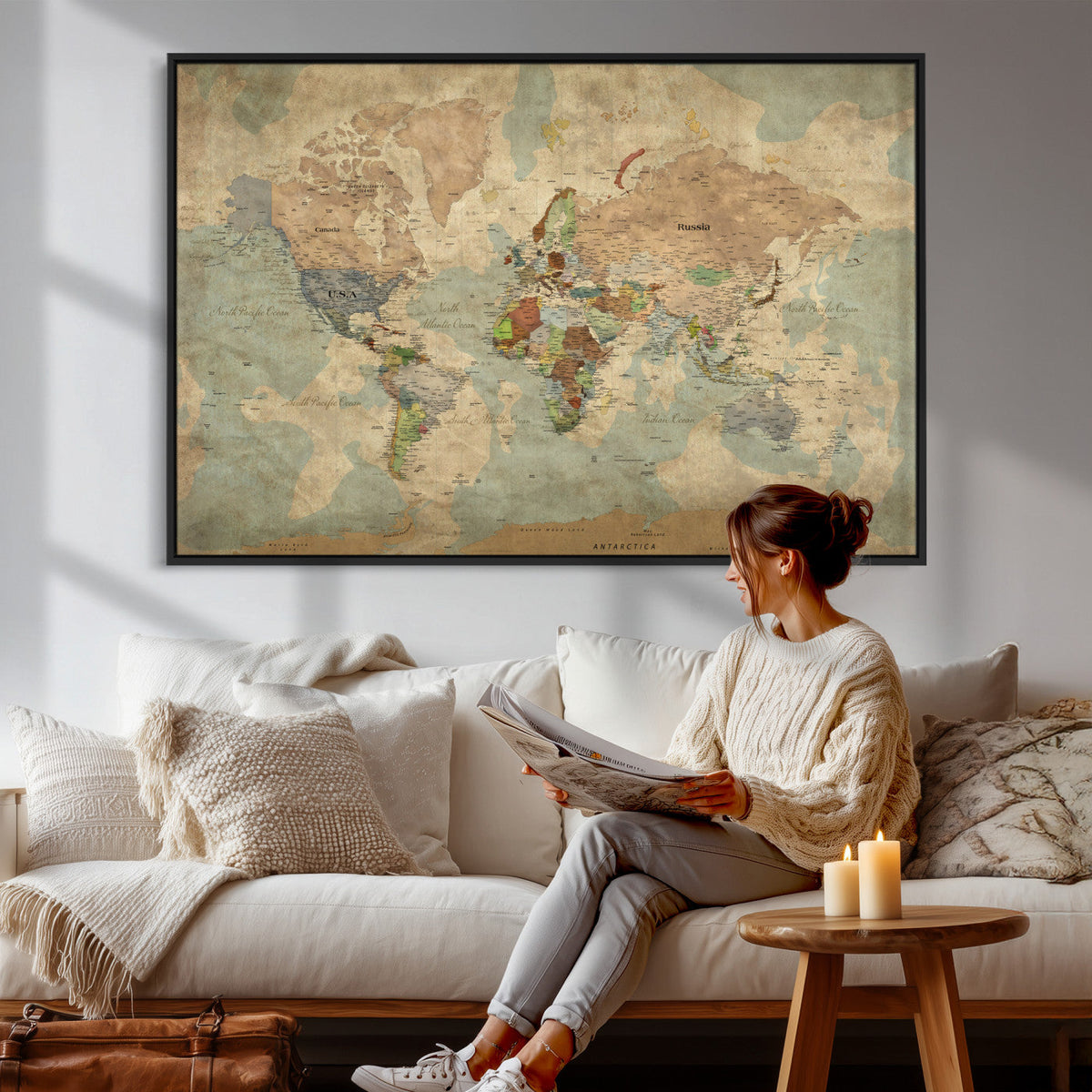 World Map Wall Art Canvas Print, Rustic Map Print, Framed