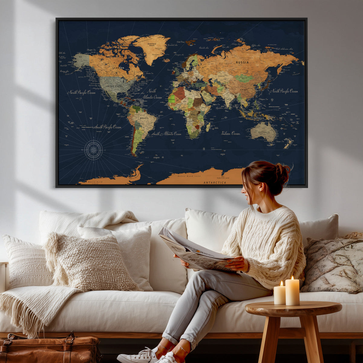 Modern World Map Canvas Print – Framed Detailed Map of the