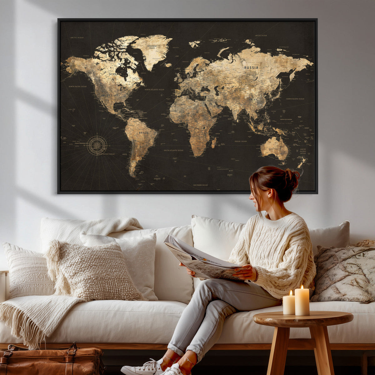 Framed World Map with Pin Canvas Print – Detailed World Map