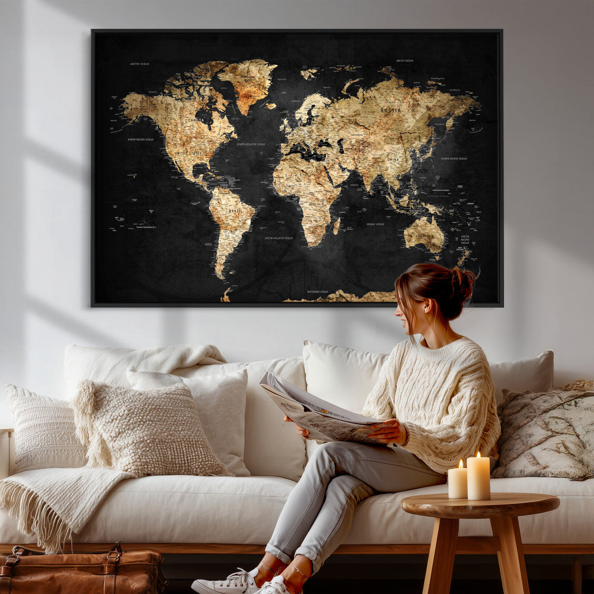 World Map Canvas Wall Art with Famous Landmarks – Framed