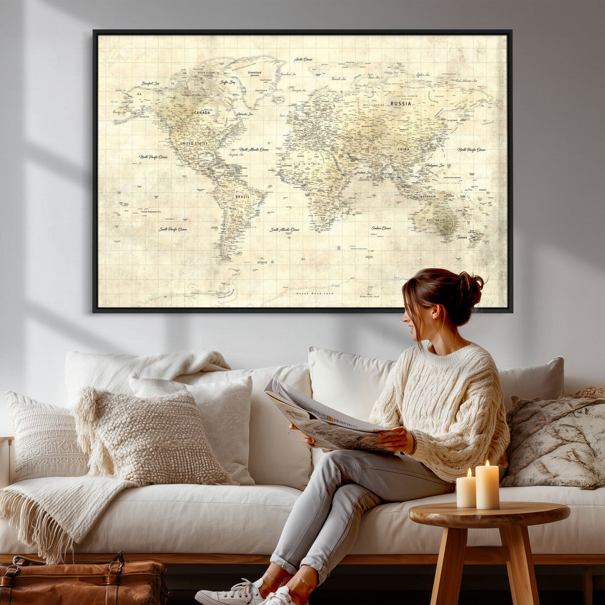 Colorful Watercolor World Map Canvas Wall Art – Framed