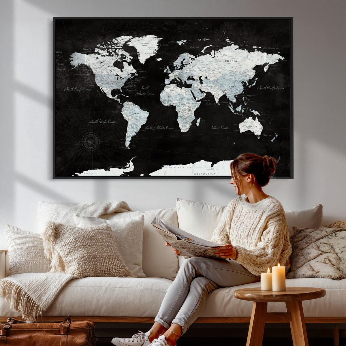 World Map Canvas Print – Framed Push Pin Wall Art, Color