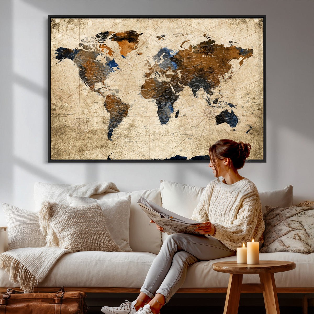 World Map Wall Art – Rustic Earth Tone Canvas Print, Antique