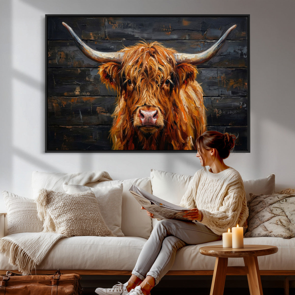 Highland Cow Wall Art Canvas Print, Rustic Farm Animal