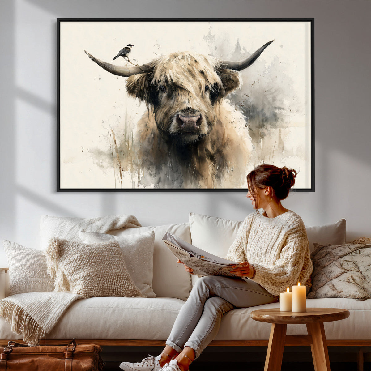 Abstract Highland Cow Wall Art Canvas Print, Rustic Farm