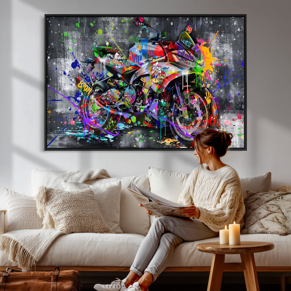 Graffiti Motorcycle Wall Art Canvas Print, Urban Street Art