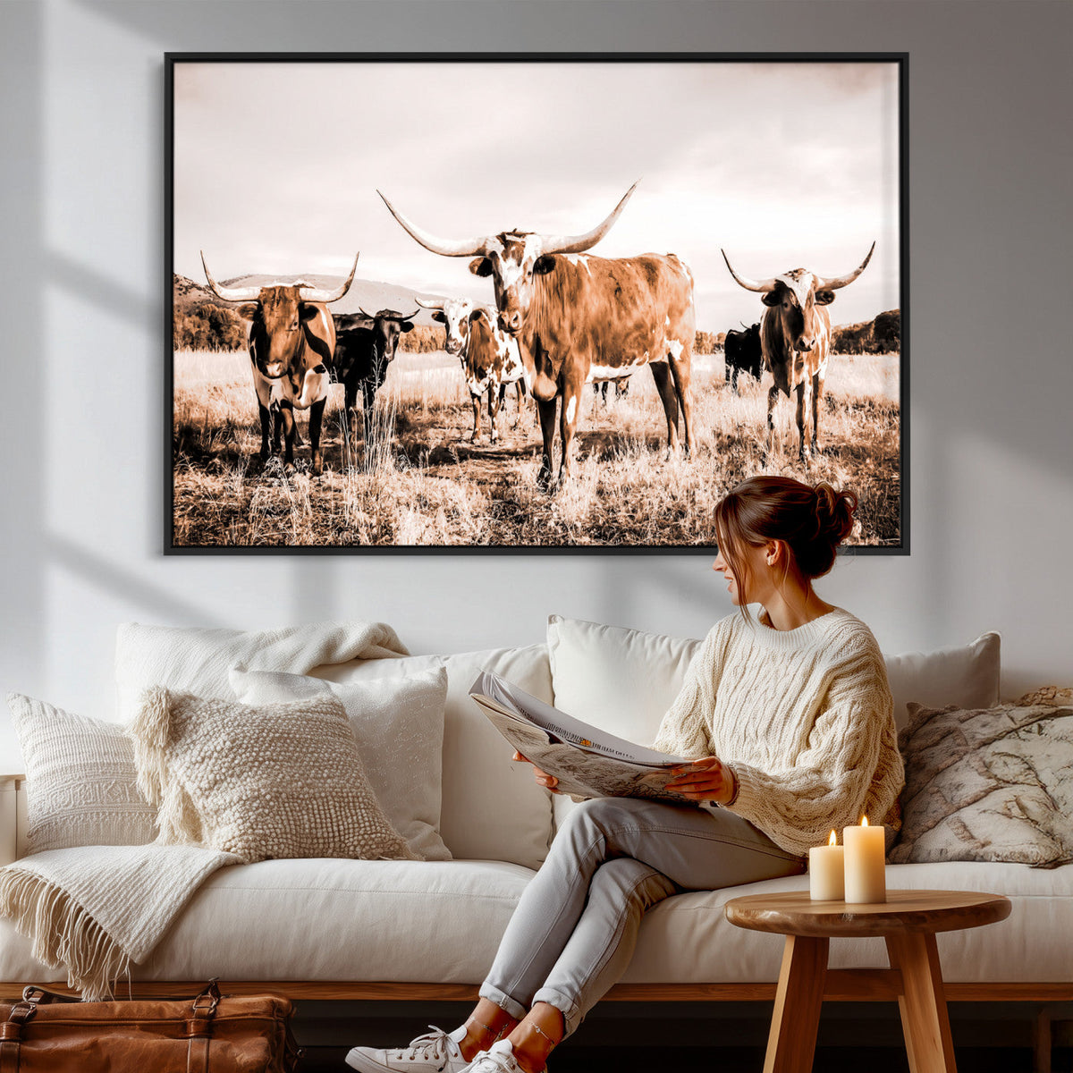 Texas Longhorn Cattle Wall Art Canvas Print, Sepia Western