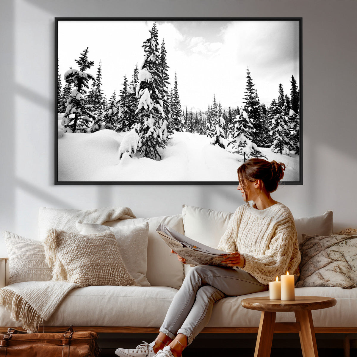 Black and White Snowy Pine Forest Wall Art Canvas Print,
