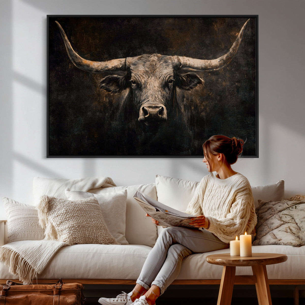 Vintage Longhorn Bull Wall Art Canvas Print – Rustic Western